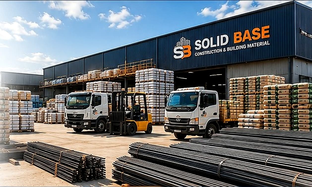 Solid Base materials yard with trucks, warehouse, and construction stock
